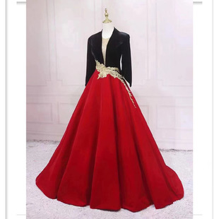 北京黑红撞色长袖小众艺考演出晚礼服主持人艺考中式礼服服装租赁