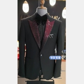 歌手晚宴晚会艺考歌手服装 男士 高端红色手工定珠主持人西装 定制