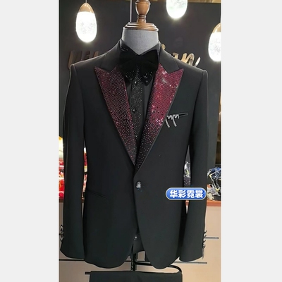 男士高端红色手工定珠主持人西装歌手晚宴晚会艺考歌手服装定制