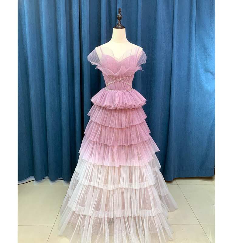 北京出租紫色渐变梦幻仙女风轻奢蛋糕裙敬酒服年会主持晚礼服