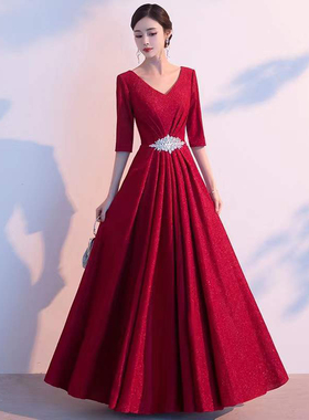 2022年女士长袖深V领亮片红色蓝色长裙晚礼服主持人合唱服装租赁