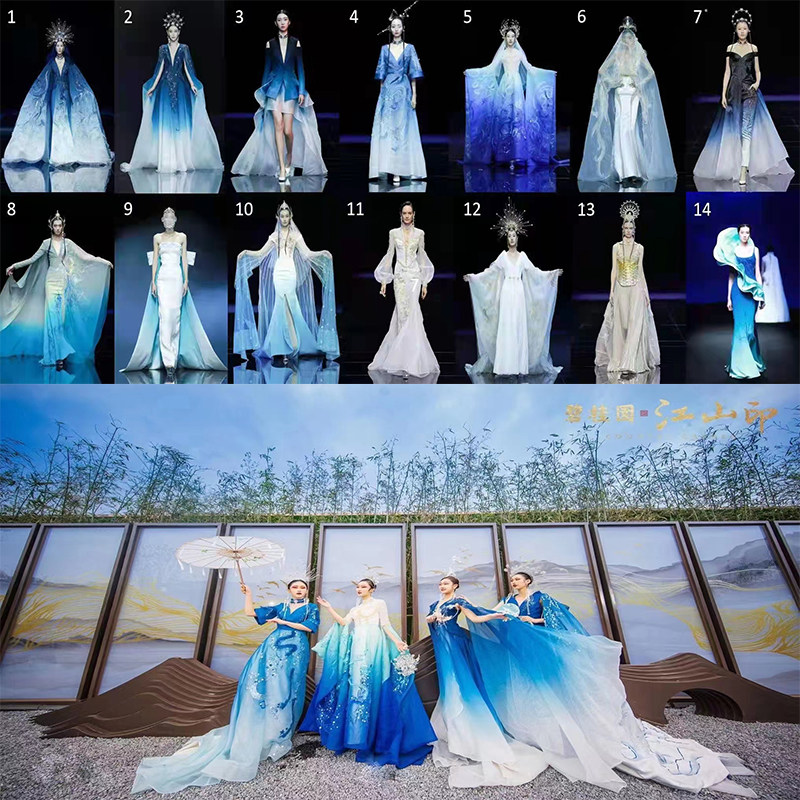 女士复古浅蓝色沧源主题拖地模特走秀年会舞台表演北京服装租赁