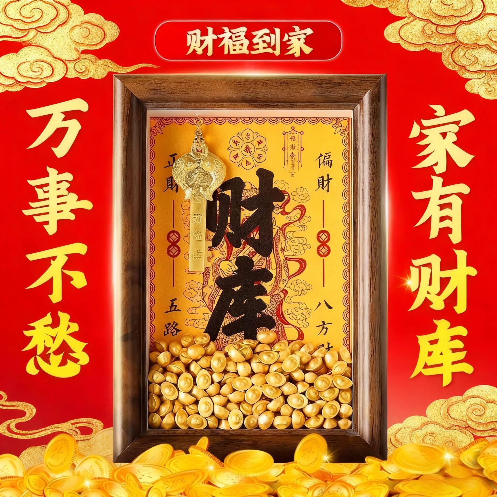 黄财神开财库相框铜钥匙相框摆件十二生肖钱到家铜库钥匙招财摆台