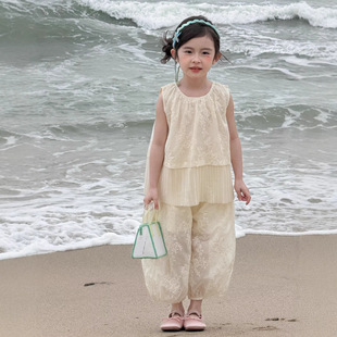 女童刺绣蕾丝娃娃衫 GLP KISS韩系童装 26夏季 清爽透气棉布提花 套装