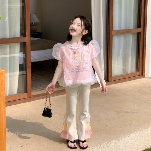 韩系女童网纱蛋糕拼纱短袖T恤