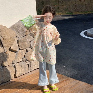 GLP KISS韩系童装26春季新女童彩色波点长袖衬衫连衣裙洋气喇叭裤