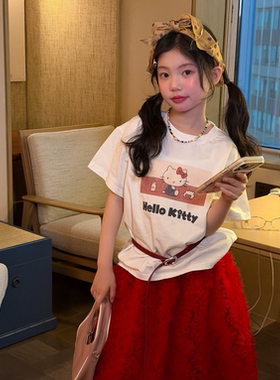 GLP KISS韩系童装26夏款女童宽松KT猫卡通短袖T恤网纱蓬蓬长裙