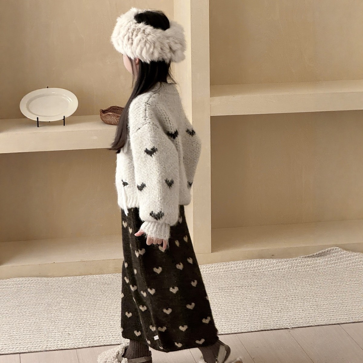 GLP KISS韩系童装女童冬季韩版慵懒风加厚爱心毛衣毛线半身裙长裙