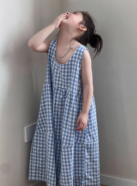 GLP KISS韩式童装26夏季女童森系蓝色格子无袖连衣裙背心裙长裙