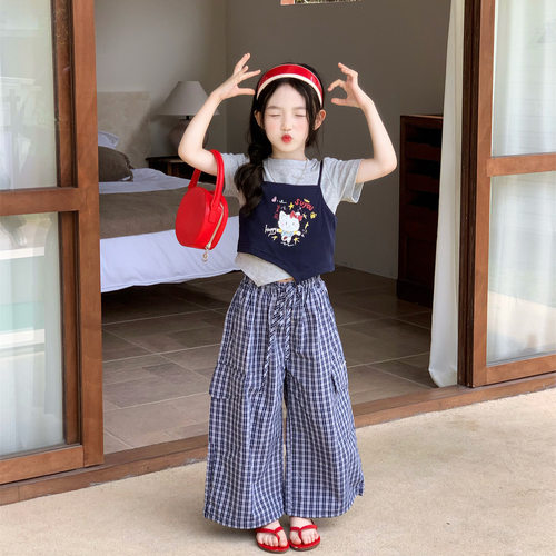 韩系女童夏季卡通T恤工装裤套装