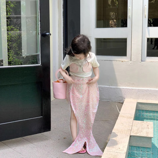 2025夏季新公主女童女宝宝设计感美人鱼亮片鱼尾半身裙短袖T恤