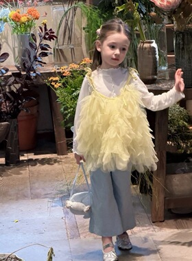 GLP KISS韩系童装26春季女童洋气甜美吊带蛋糕纱裙罩衫条纹直筒裤