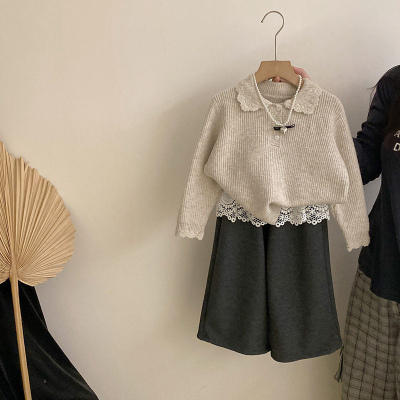 GLP KISS韩系童装女童秋冬洋气花边翻领毛衣时尚抓绒屁帘裤阔腿裤,童装/婴儿装/亲子装,毛衣/针织衫,淘宝优惠券,粉丝福利购,淘宝优惠卷