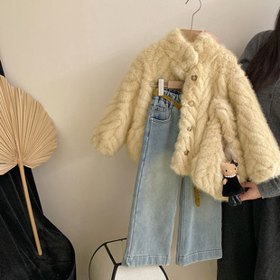 GLP KISS韩系童装女童韩版冬季新加绒加厚仿皮草毛毛外套牛仔裤潮