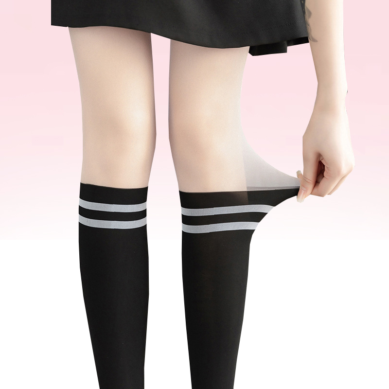 少女条纹美腿连裤袜薄款假半筒