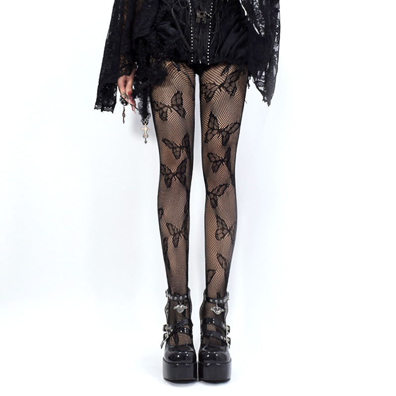 暗黑系甜酷蝴蝶镂空渔网袜