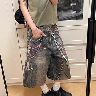 美式复古链条印花牛仔七分裤女夏季街头亚比朋克宽松阔腿五分短裤