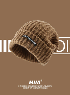 韩国慵懒风堆堆毛线帽子女大版长标签保暖秋冬大头围针织帽冷帽男