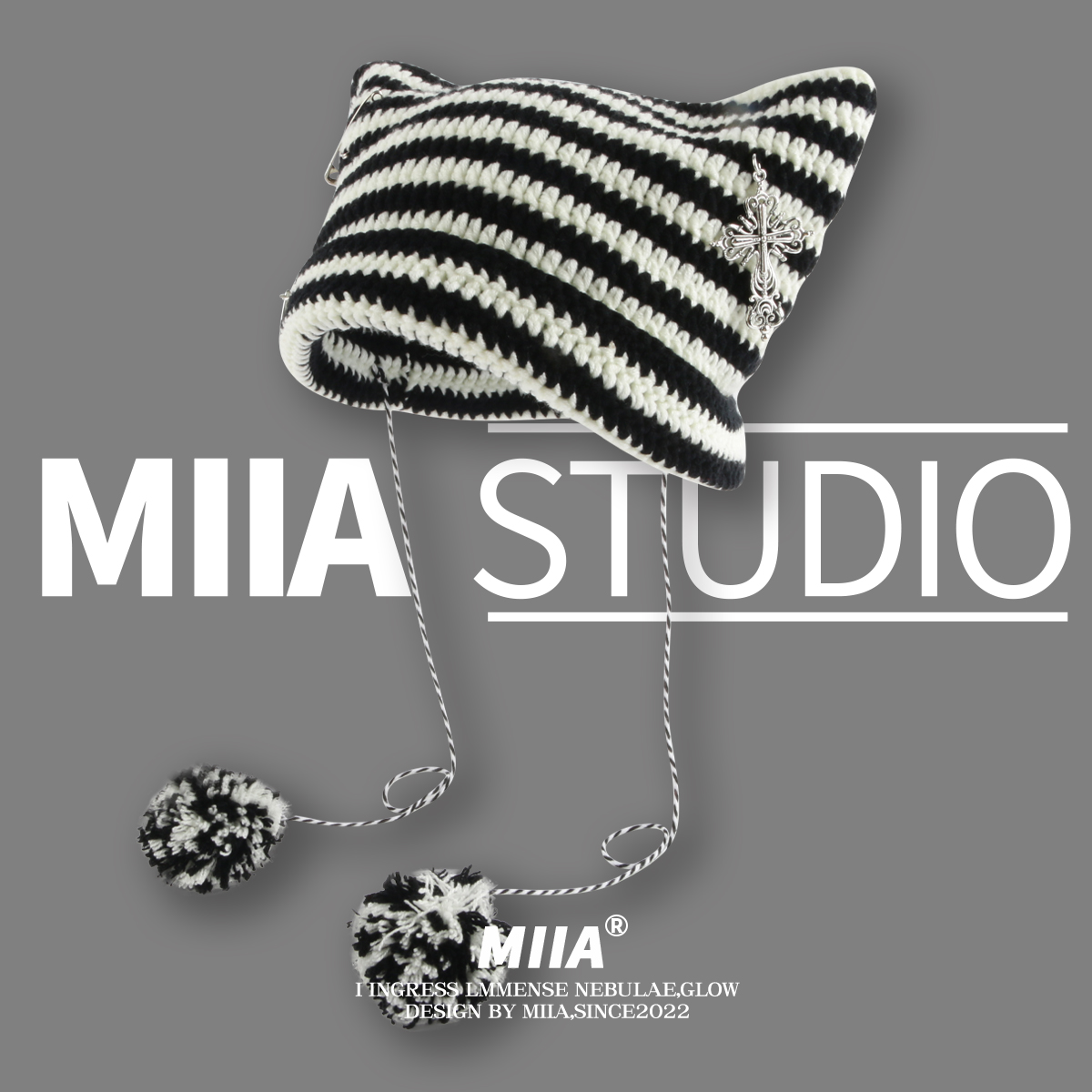 韩国定制手工朋克猫咪耳朵十字架球球毛线帽针织帽保暖头套帽冷帽