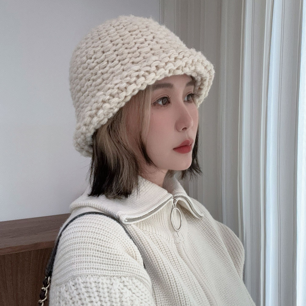 日系小众粗线手工冰岛毛针织帽