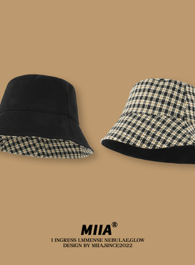 日系山本风双面纯色千鸟格子渔夫帽子女春秋显脸小百搭水桶帽盆帽