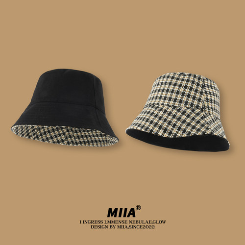 日系双面千鸟格子渔夫帽