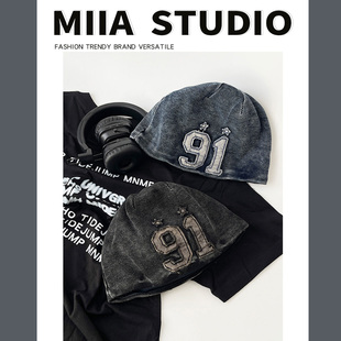 日系重工水洗91号牛仔贴布雅痞风做旧瓜皮帽子女圆顶包头冷帽字母