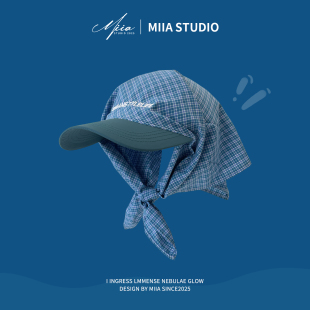 韩版 春夏格子拼接棒球帽绑带头巾帽男女百搭遮阳速干包头鸭舌帽子