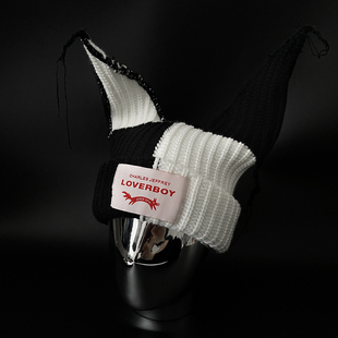 李宇春同款拼接黑白长耳朵牛角毛线帽子女潮小众韩版保暖针织帽男