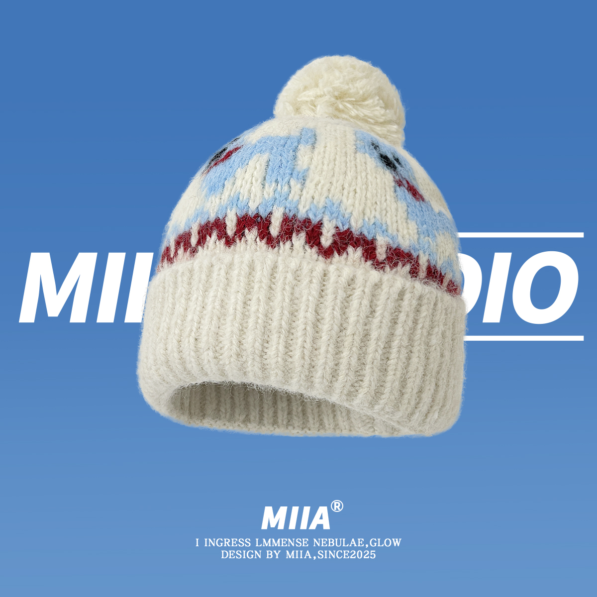 费尔岛针织提花可爱小狗球球毛线帽子女冬季保暖显脸小包头帽冷帽