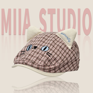 日系可爱猫咪耳朵刺绣格子前进帽子女文艺复古鸭舌帽M均码贝雷帽