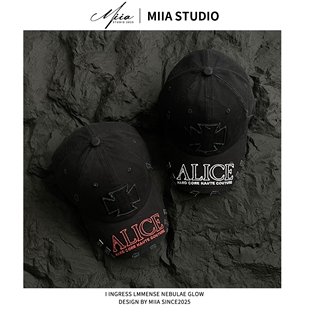 日系高街2025美式破损帽檐字母刺绣个性铆钉棒球帽十字鸭舌帽潮牌