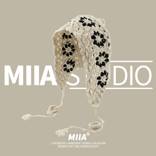 ins森系小众复古包头帽三角巾民族风花朵镂空针织绑带头巾遮阳帽