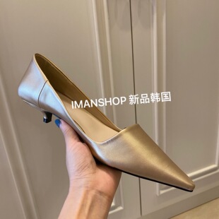 潮人穿搭 2025工作女鞋 尖頭淺口小貓跟單鞋 早春小眾金色高跟鞋