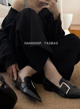 wins shoes法式新款尖头通勤小搭扣深口平跟小皮鞋平底鞋小单鞋女