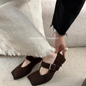 wins 加绒 高跟鞋 shoes2025法式 方头保暖加绒一字扣猫跟毛毛小单鞋