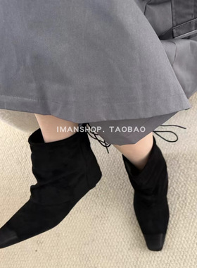 wins shoes2025法式显瘦芭蕾风绑带擦色鞋头短靴及裸靴内加绒黑色