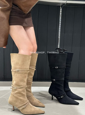 wins shoes2025尖头皮带扣瘦瘦靴绒面细跟骑士靴高跟不过膝长靴女