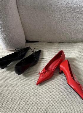 A99-92新款2025法式尖头芭蕾风交叉绑带蝴蝶结细跟高跟鞋单鞋红色