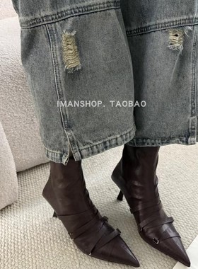 wins shoes 法式走秀风交叉绑带芭蕾风尖头细跟高跟短靴子瘦瘦靴