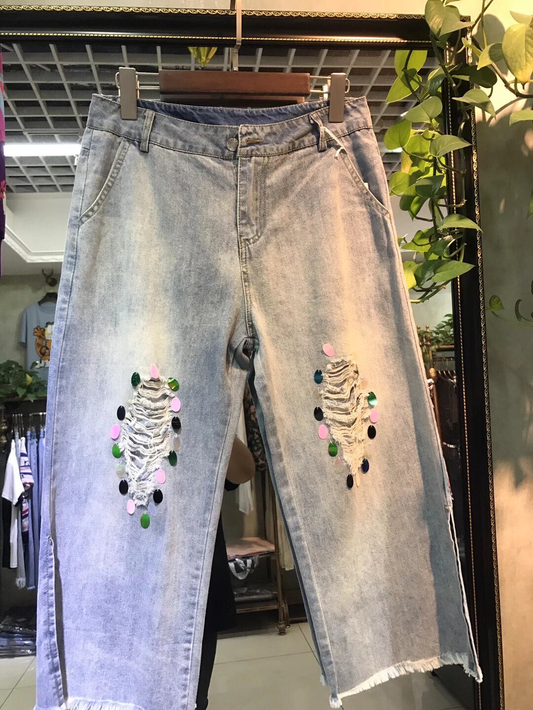 欧洲站夏季女装新款亮片破洞个性直筒七分裤开叉牛仔裤不退不换
