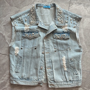 欧洲站高品质女装特价珠珠破洞镂空宽松款马甲