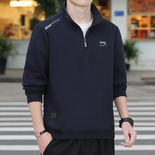 JEEP吉男士秋冬季薄绒半拉链立领卫衣休闲宽松套头长袖上衣打底衫