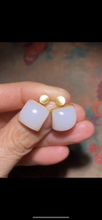 精品新疆和田玉籽料方耳坠 一级白 油性脂粉好 温润细腻糯 15*8mm