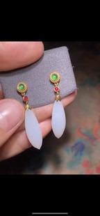 精品新疆和田玉籽料 18K镶嵌玉兰花耳坠 一级白细 厚实饱满22*8mm