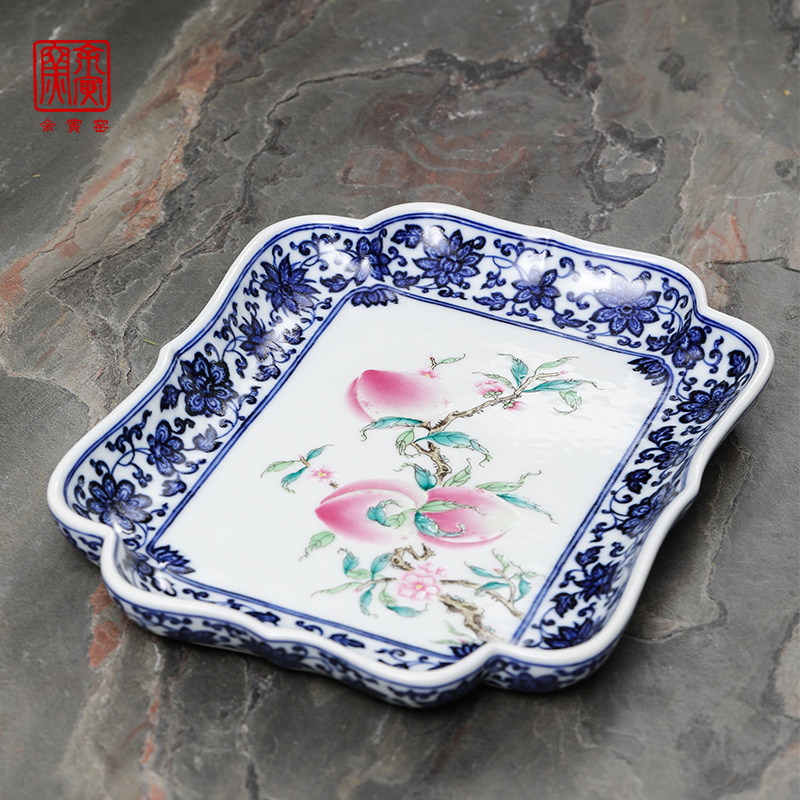 景德镇余寅窑 手绘青花加彩福寿寿桃壶承 干泡茶托精品茶具