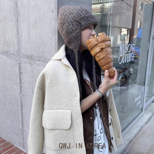 韩国进口东大门飞行员绑带羊毛帽子秋冬保暖毛线针织护耳帽毛绒帽