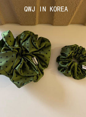韩国进口肠圈复古绿色波点100SILK真丝发圈高档护发发绳花苞头花