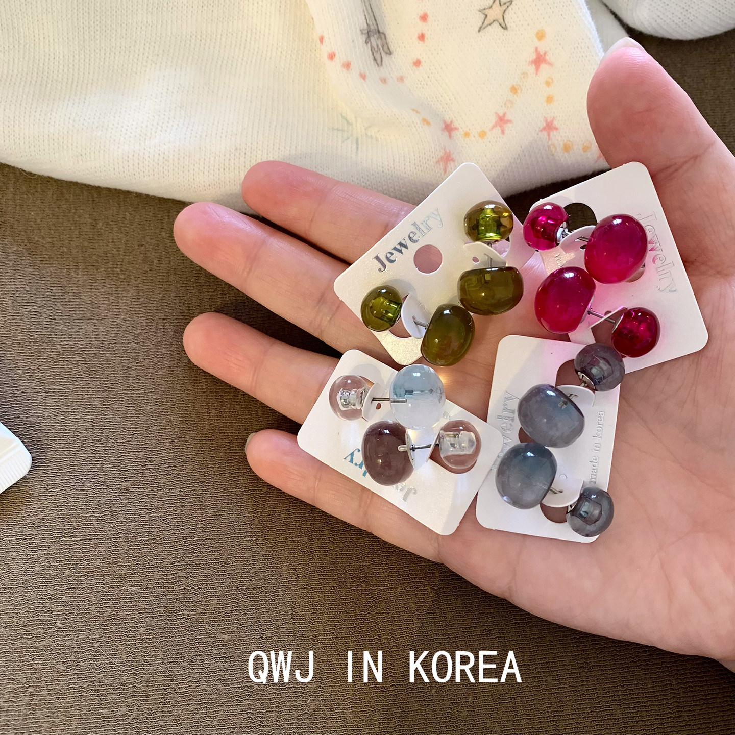 韩国进口耳钉夏天清爽透明前后双头圆球耳环显白百搭纯色轻便树脂