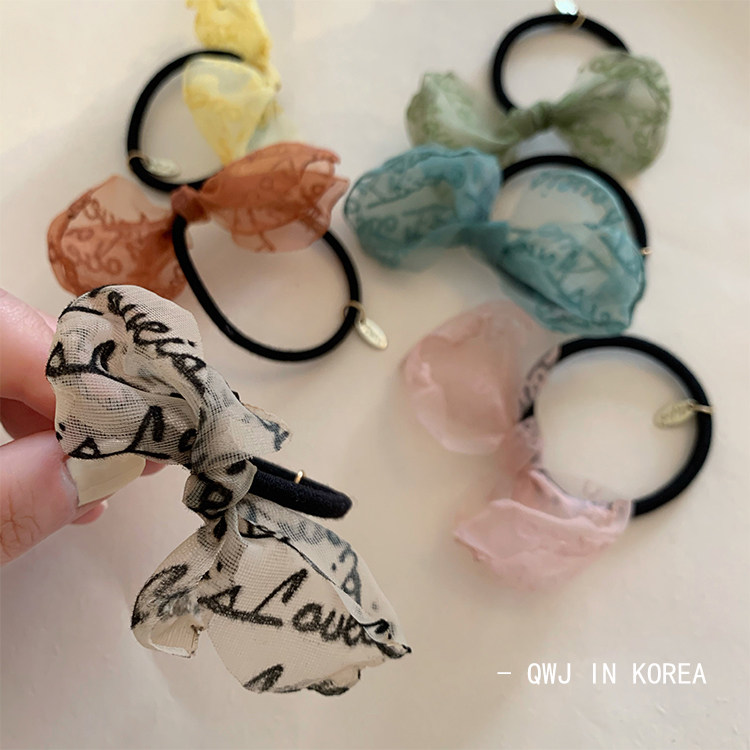 韩国ins英文薄纱俏皮烧边小蝴蝶结发圈简单可爱马尾发绳头绳皮筋 蔷薇家韩国进口发饰品qwj In Korea 淘优券